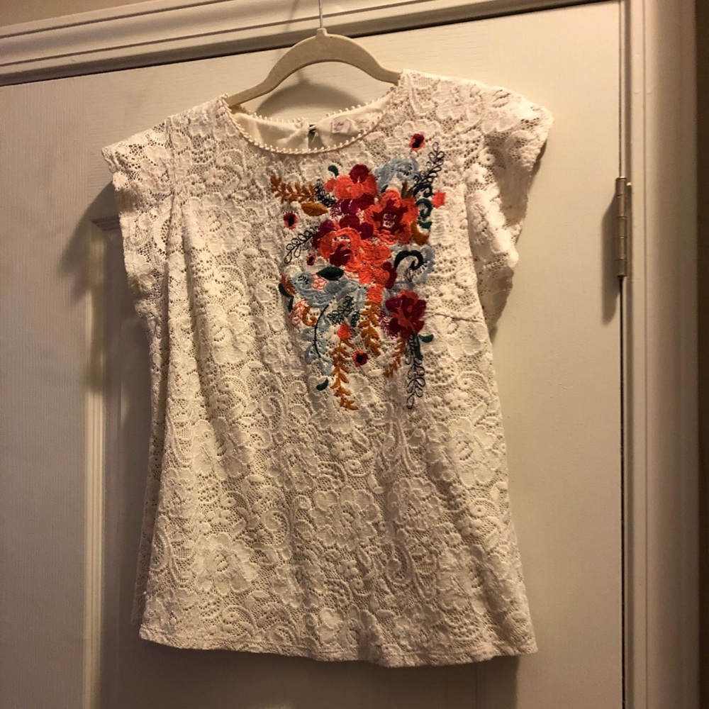 Anthropologie lace top with floral embroidery